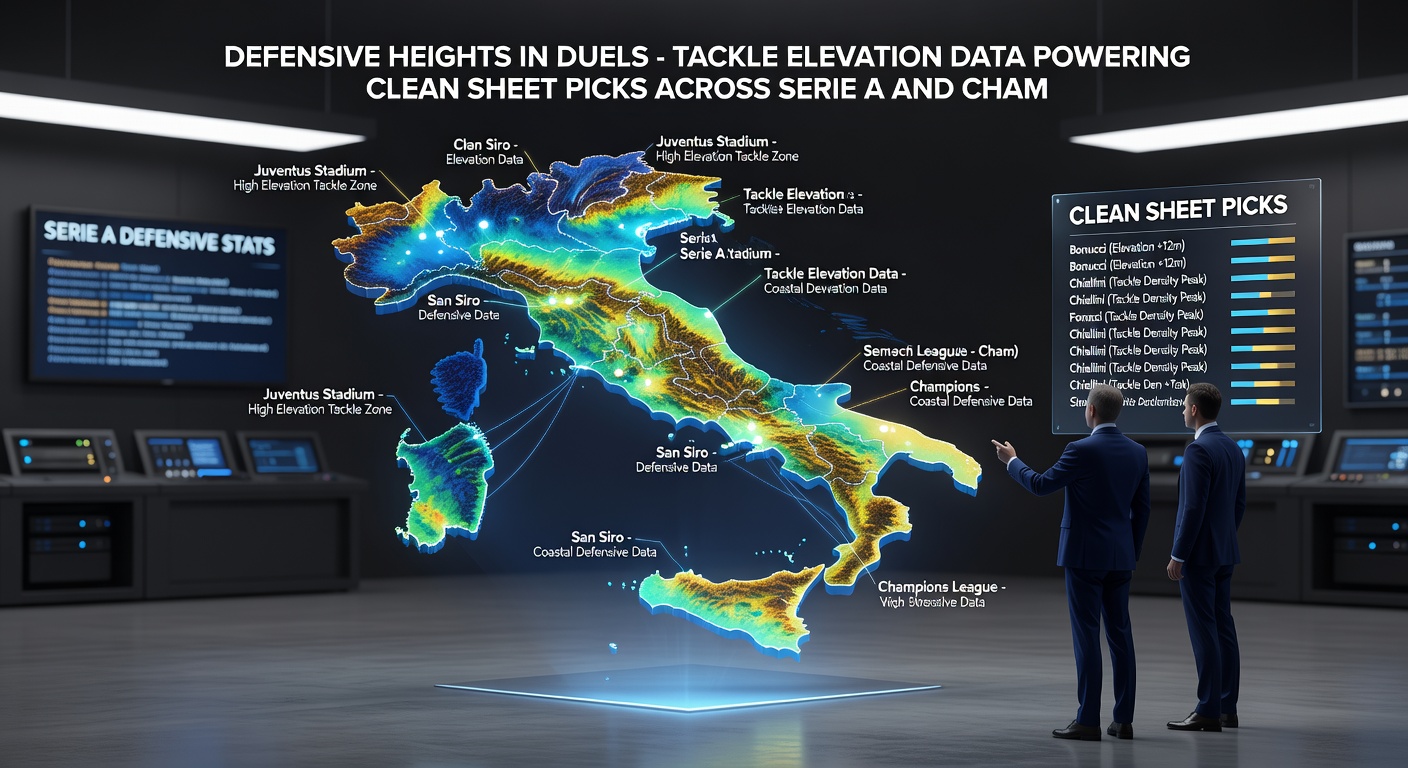 Champions League knockout graphic showing tackle elevation metrics for top defensive teams, with heatmaps of aerial wins
