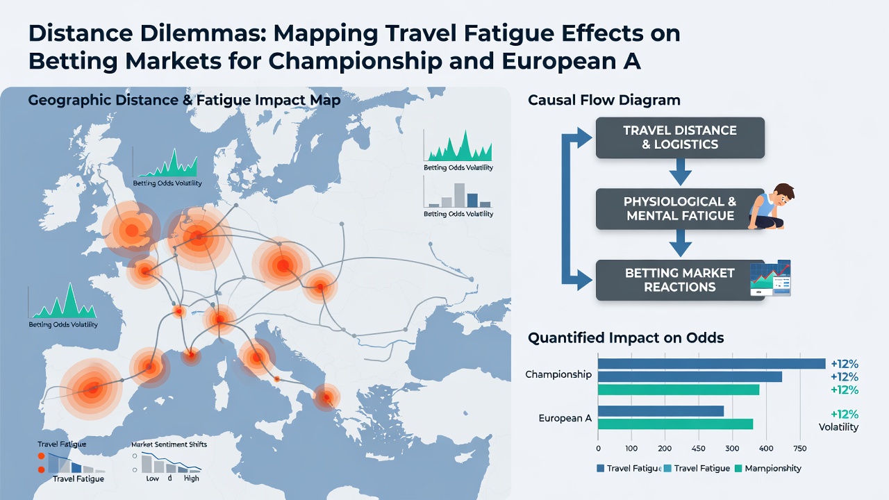 Infographic displaying statistical correlations between travel distance, player workload, and adjusted betting odds for away teams