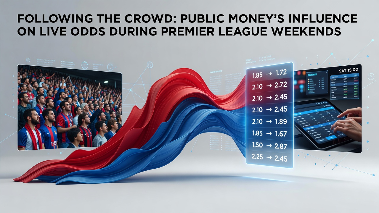 Live odds board updating rapidly during a Premier League weekend match with crowd reaction visible