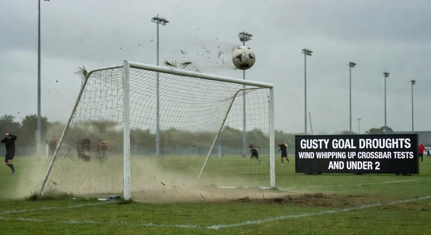 Players shielding their eyes from swirling wind and dust during a tense low-scoring Premier League match in spring 2026