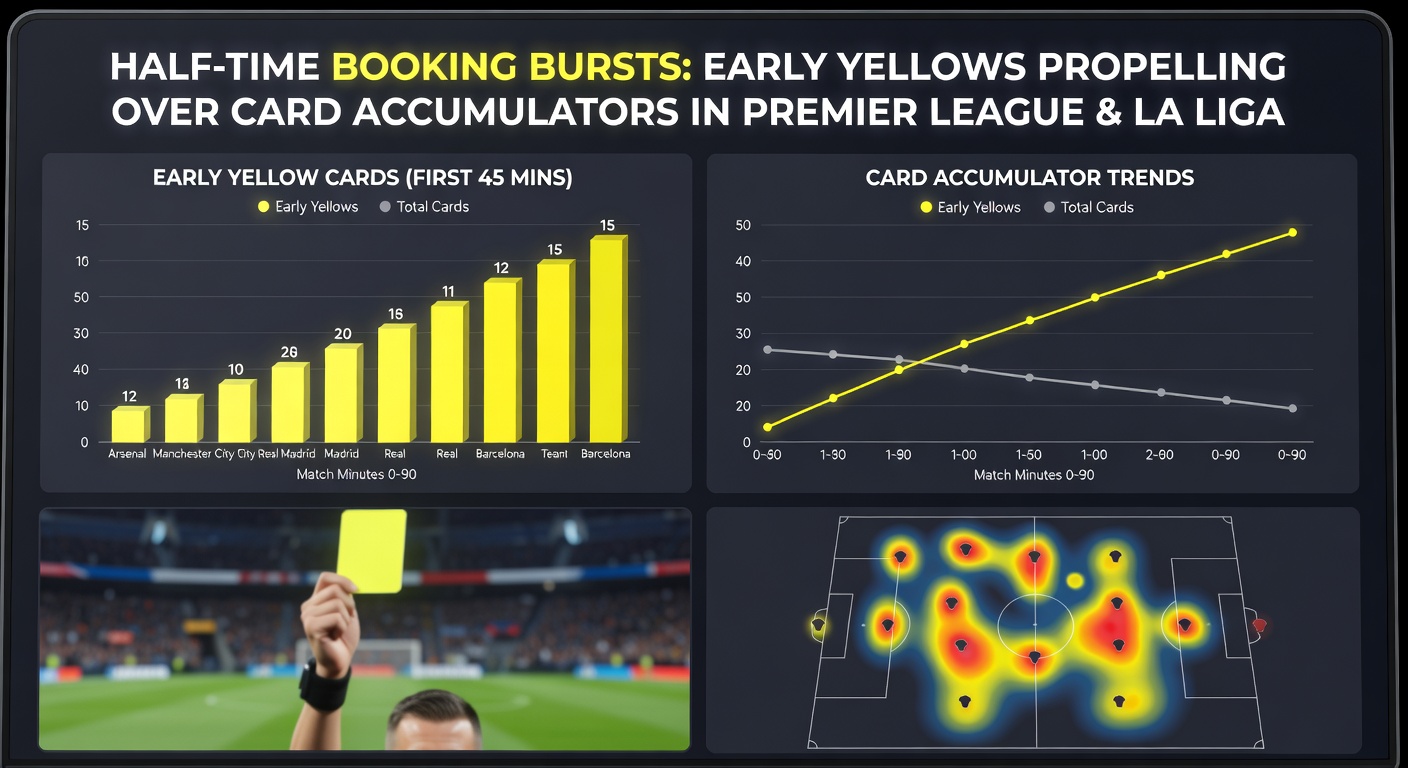 Graph illustrating the surge in total cards following first-half yellow bursts in La Liga and Premier League matches, with peaks in April 2026 fixtures