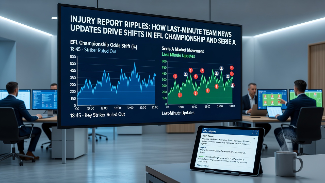 Analysts reviewing live betting dashboards during a Championship match affected by last-minute team news