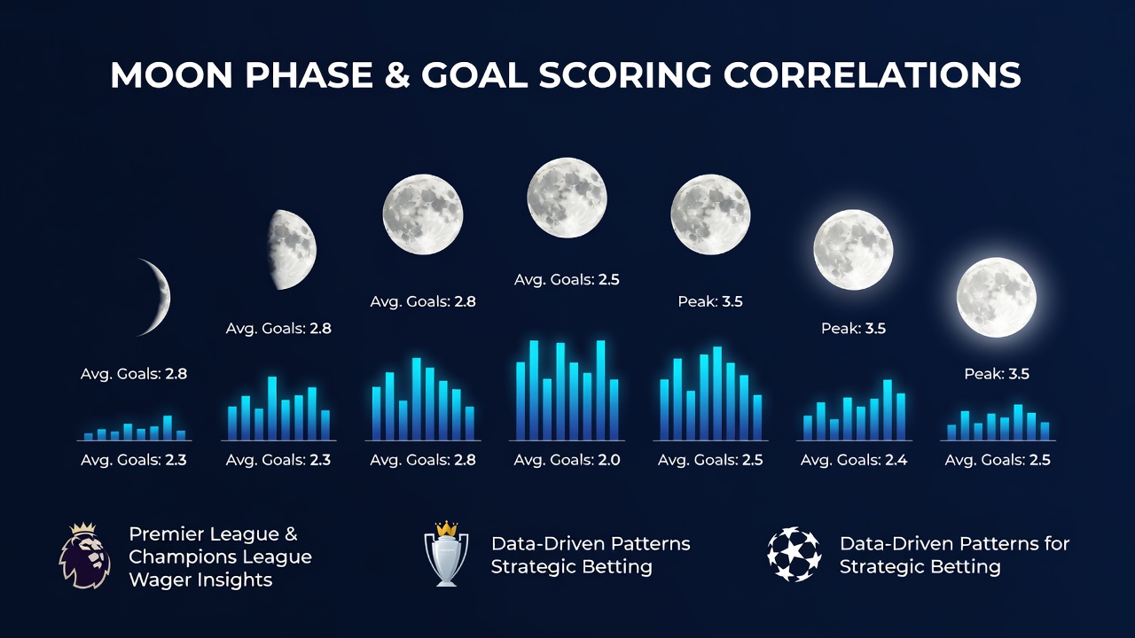 Champions League stadium under full moon with goal statistics charts displayed on overlay graphics