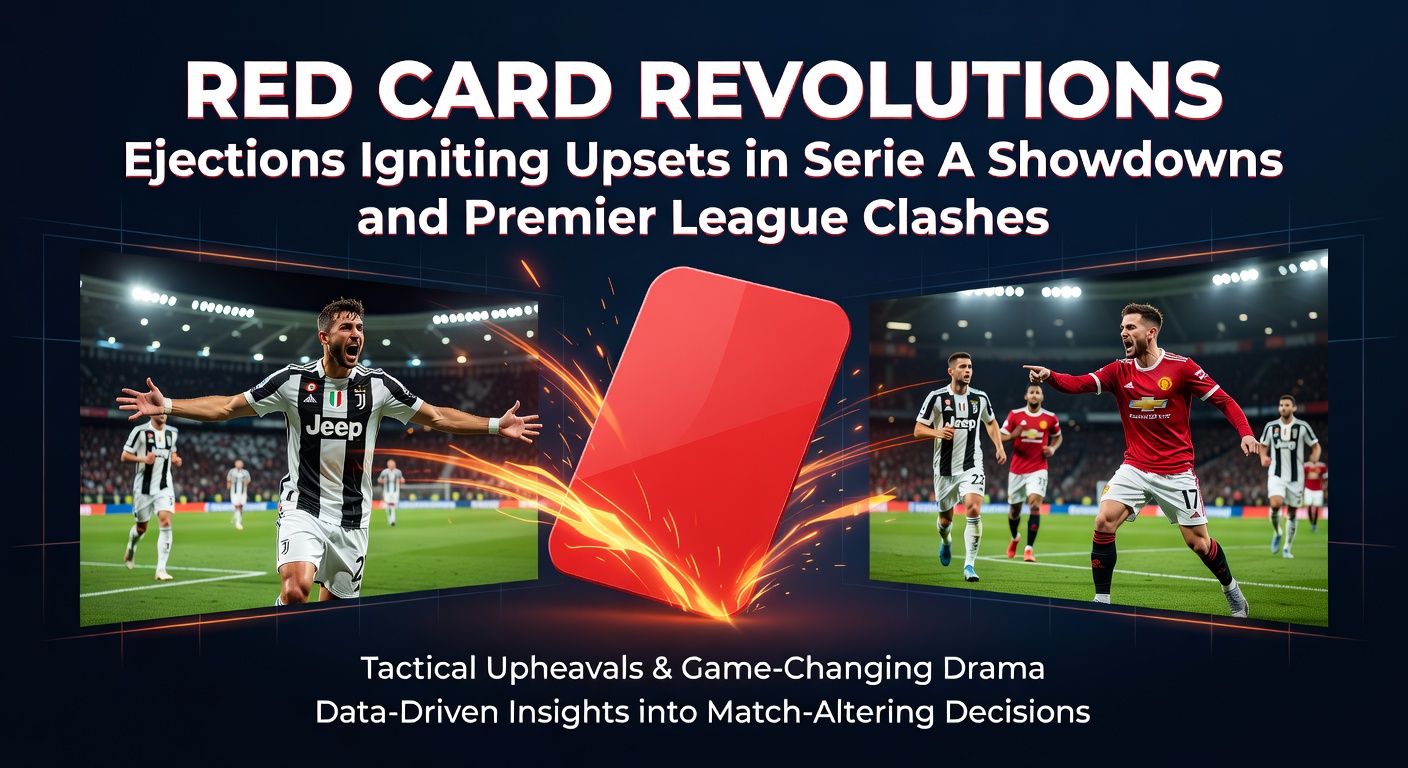 Premier League players clashing fiercely, one holding a red card aloft as teammates protest amid a packed stadium