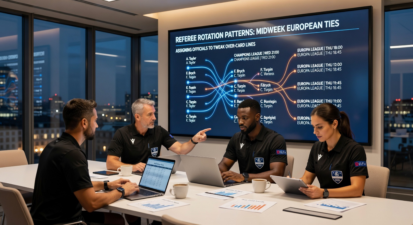 Match officials monitoring player challenges during a Champions League midweek tie