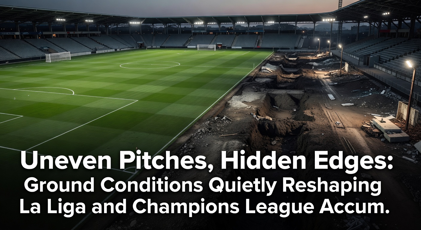 Champions League night game on a dew-kissed pitch with visible cracks and uneven patches, as players navigate tricky footing during extra time