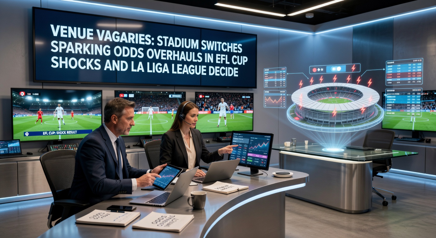 La Liga league decider under floodlights at an alternative stadium, with betting odds overlay showing dramatic shifts post-venue announcement